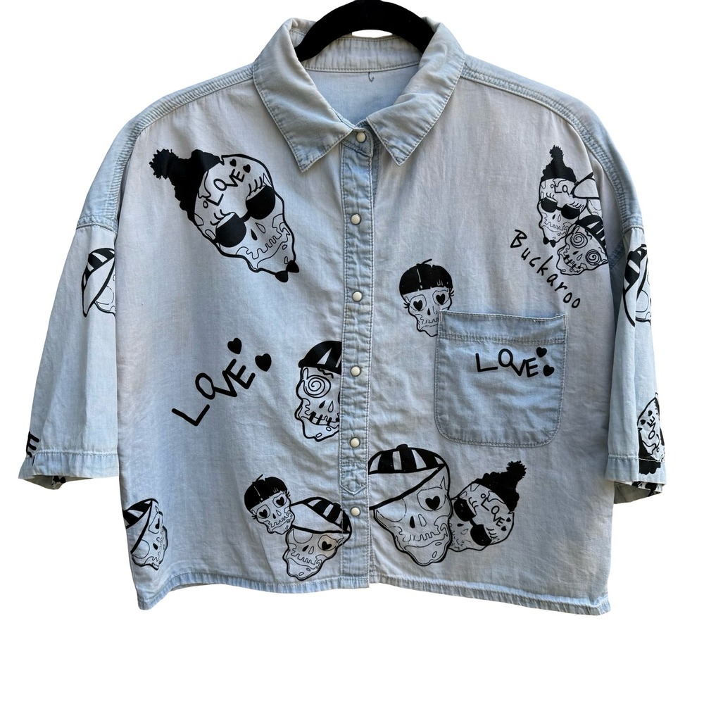 Buckaroo Denim Skull Snap Front‎ Cropped Boxy Skater Streetwear Rockabilly Shirt